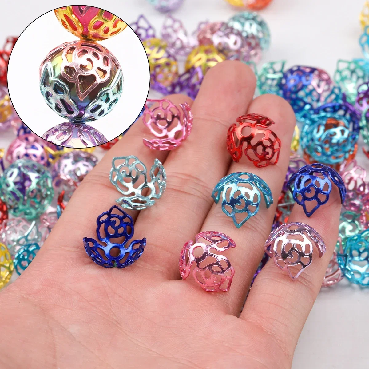15/30pcs Random Color 16x12mm Openwork Hollow Flower Zinc Alloy Bead Caps for Handmade Bracelet Decor Pen Craft Supplies