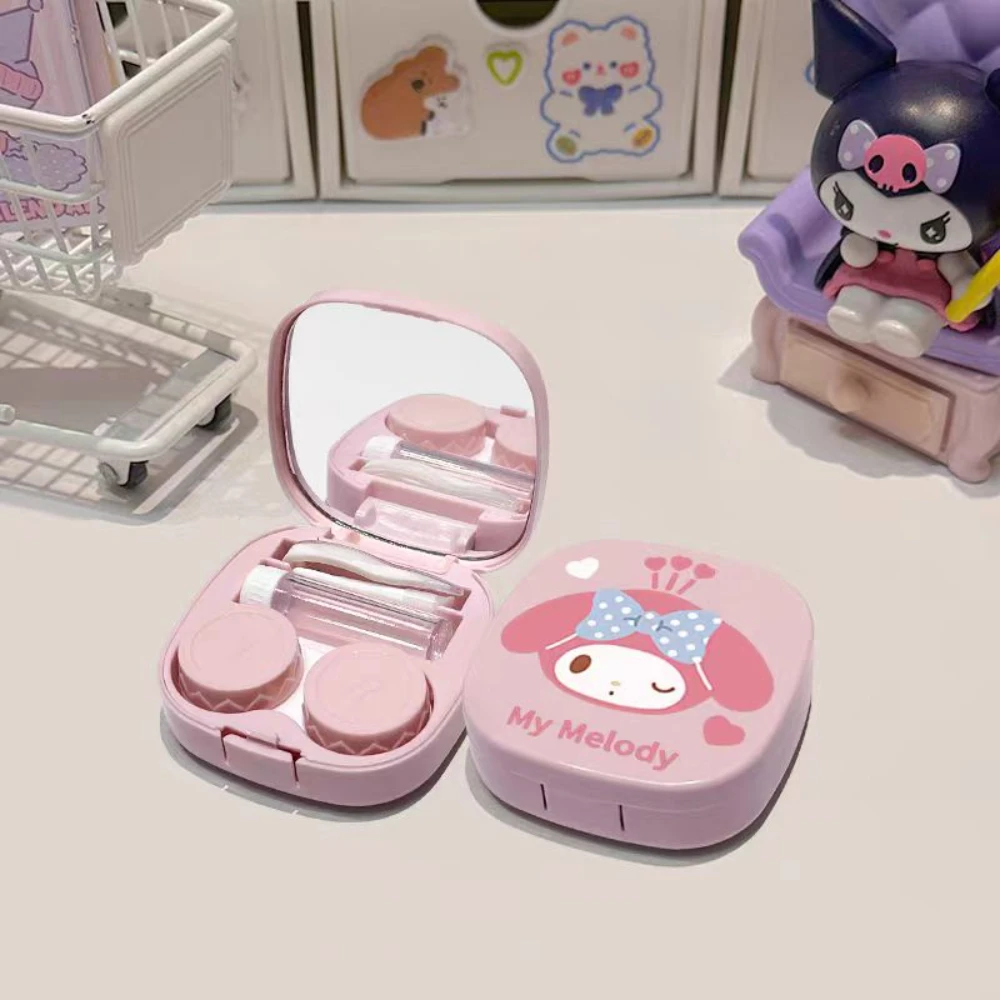 Sanrio 헬로 키티 콘택트 렌즈 케이스 만화 Cinnamoroll Kuromi Kawaii 여행 휴대용 콘택트 렌즈 보관 케이스 학생 선물