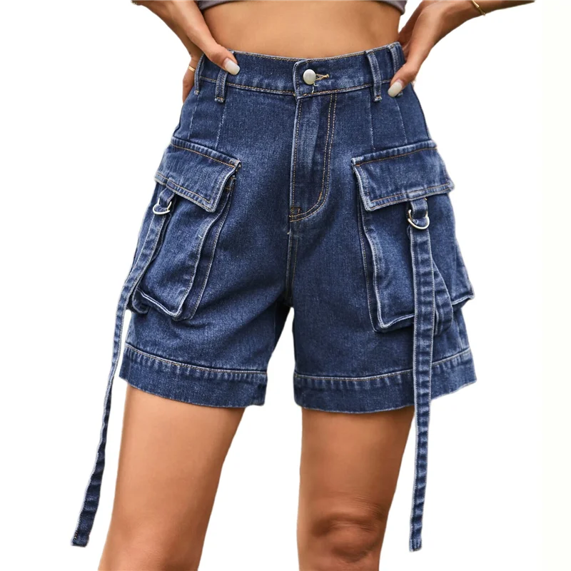 

A74E-Women Cargo Denim Shorts - Summer Casual Vintage Loose Button Zipper Shorts