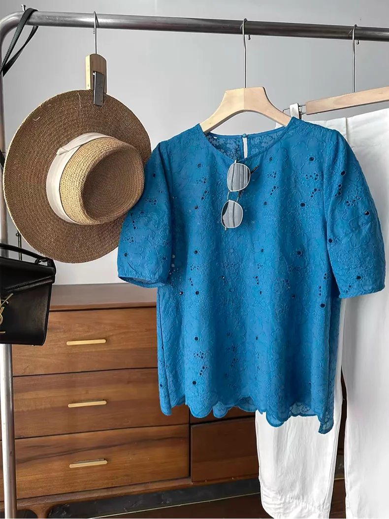 Elegant Hollow out Hook Embroidery Wave Lace Trim Klein Blue Doll Top Women's Cotton Short Sleeve round Neck T-Shirt