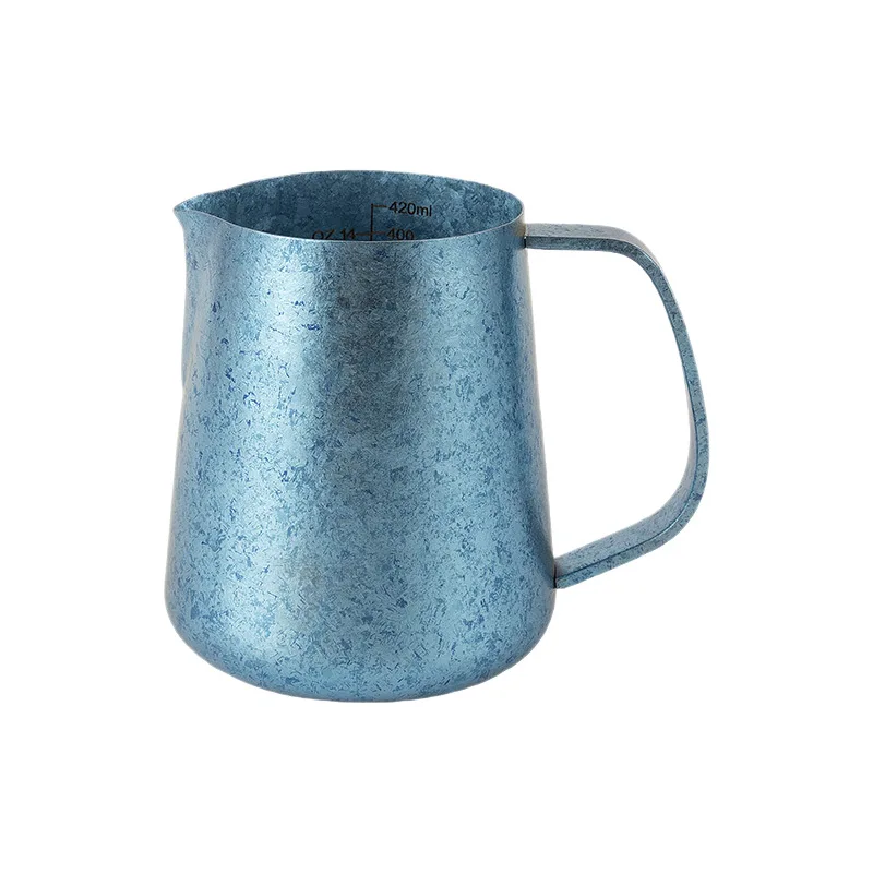 Jarra de titanio puro para latte con diseño de flor de hielo y punta puntiaguda, para hacer espuma de leche, espumador de leche específico para cafeterías, taza para latte espeso