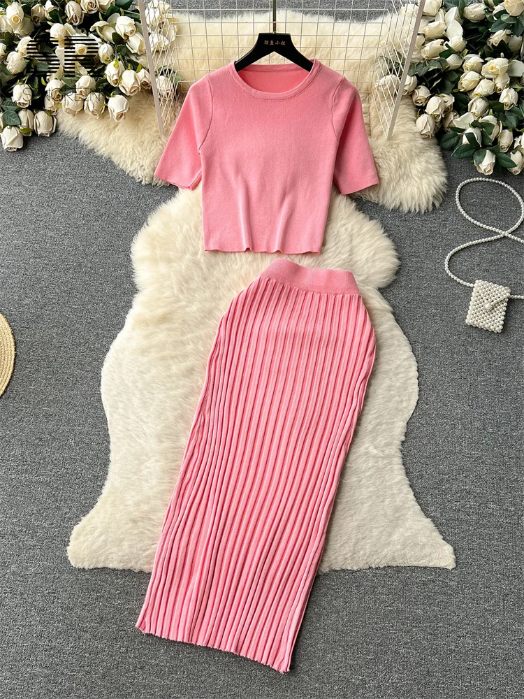 2024Casual Two Piece Sets Women Summer O Neck Top Elastic Waist Long Skirt Fashion Office Lady Korean Knit Suit