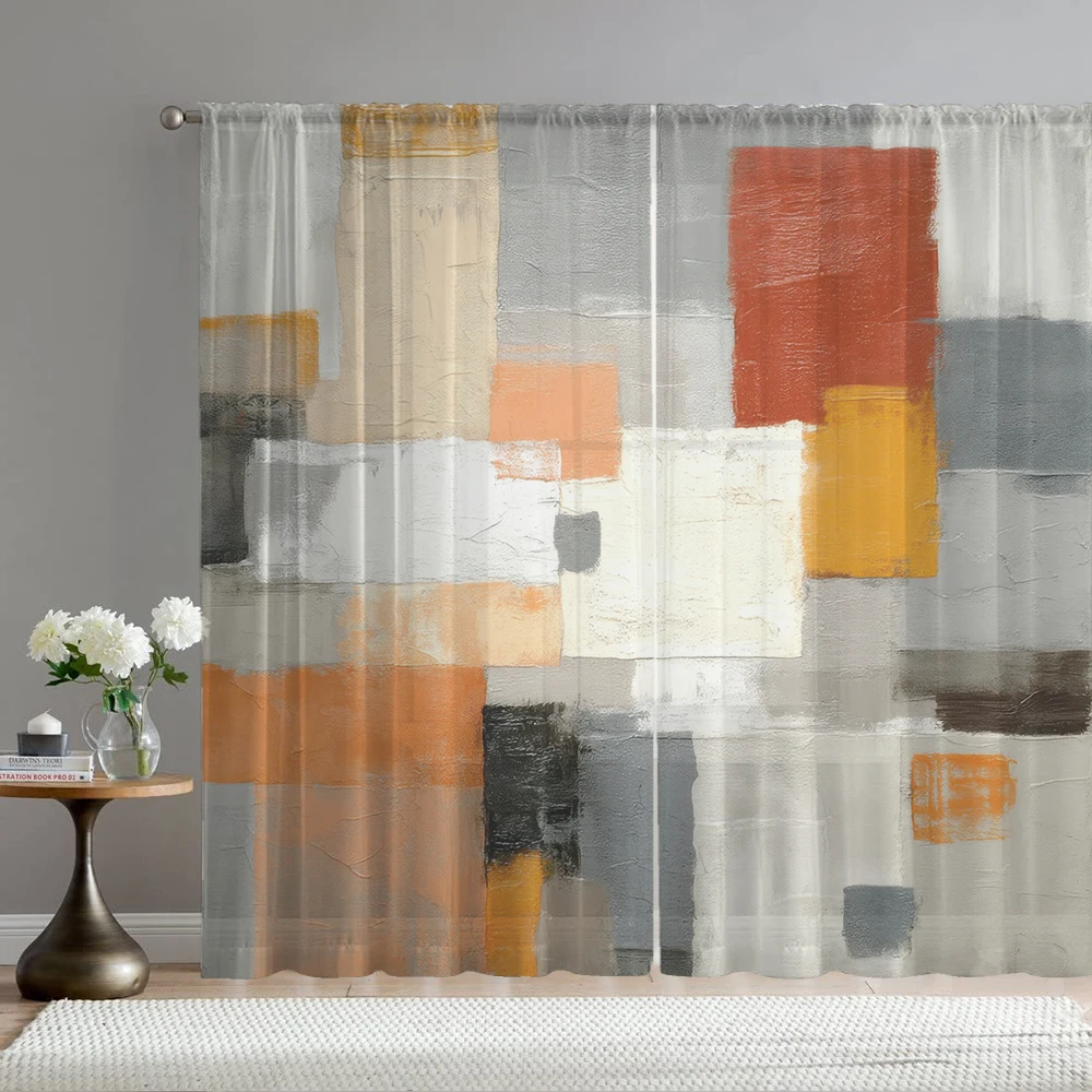 2Pcs Gray, Orange, Yellow Graffiti Block Print Home Decoration Window Screens Suitable For Coffee Shops, Restaurants, Bedrooms