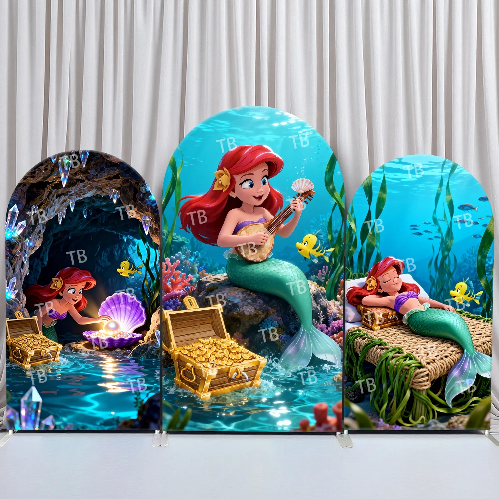

TB Little Mermaid Arch Backdrop Cover Birthday and Baby Shower Treasure Chest Lyre Underwater Theme Kids Party Photo Booth Decor