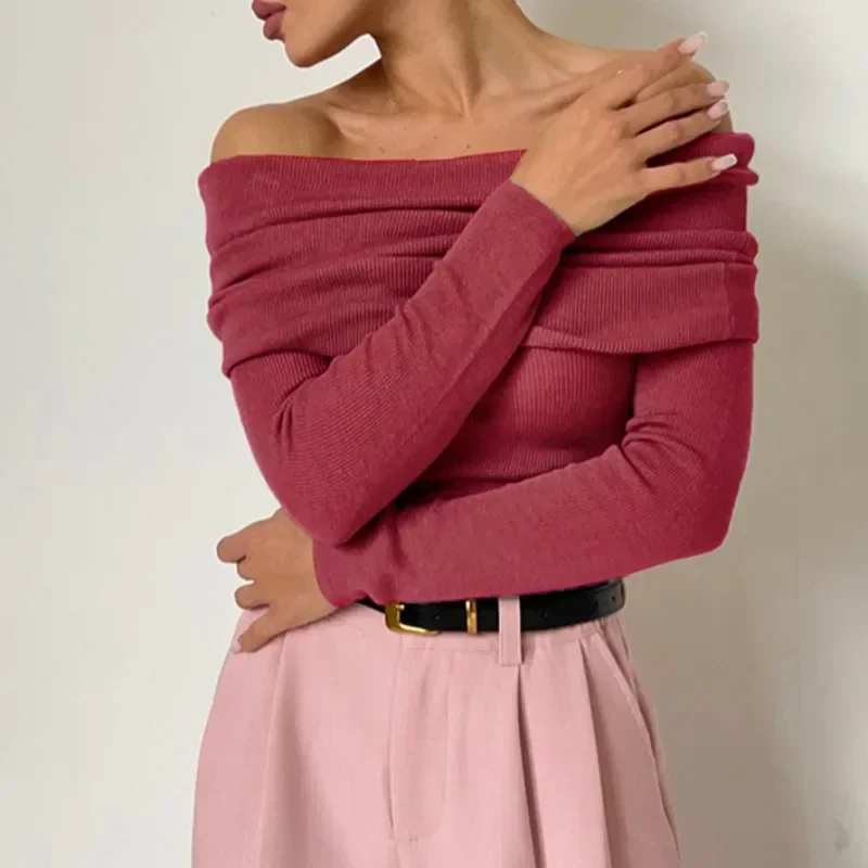 

Y2K Off Shouler Sweater Women Autumn Winter Solid Long Sleeve Pullovers Streetwear Fashion Casual Clothes 2024 Female Knitwear