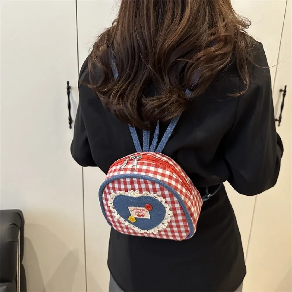 Sweet Cloth Lattice Backpack Mini Bow Denim Shoulders Bag Heart Plaid Knapsack Outdoor