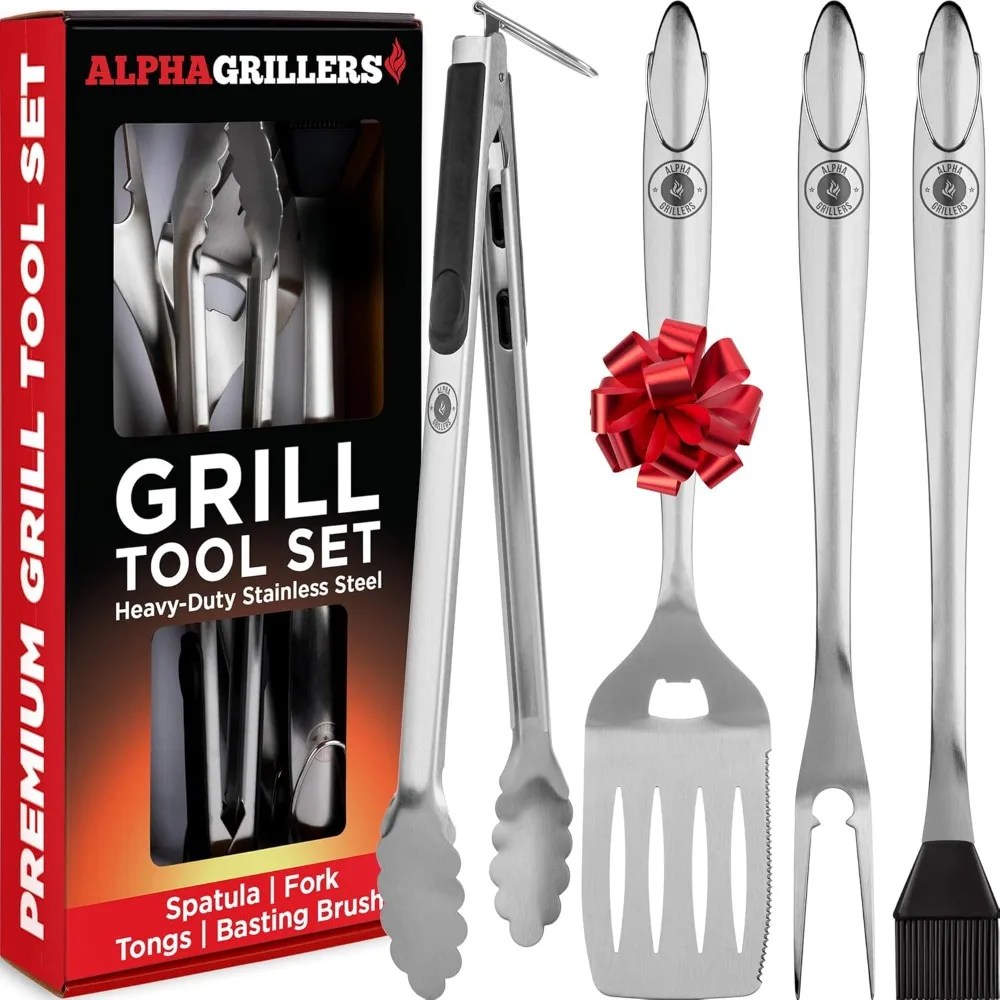 

Alpha Grillers Grilling Accessories - Grilling Gifts for Men - BBQ Accessories Grill Tools Set with Spatula, Fork, Brush & Tongs