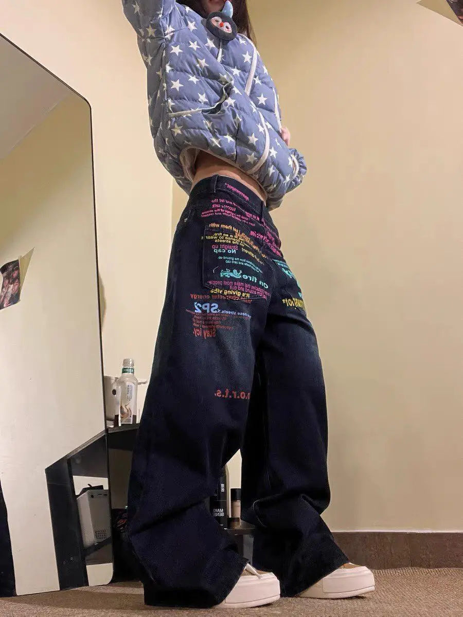 Men's Retro Graffiti Print Jeans High Waist Denim Pants Cool Boy Streetwear Fashion Bottoms Vintage Male Y2k Trousers