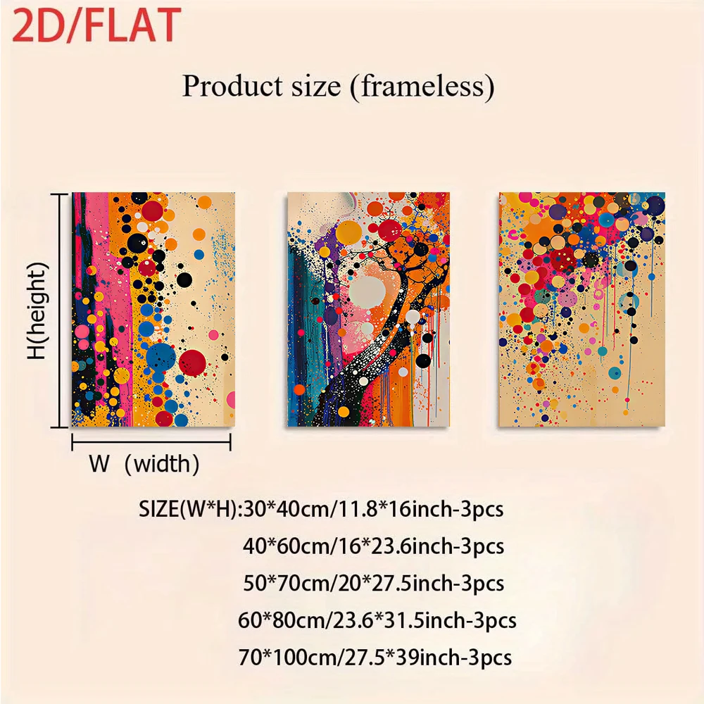 3PCS Large-sized frameless canvas paintings,1 set of modern abstract triptych frameless decorative paintings, colorful splashed
