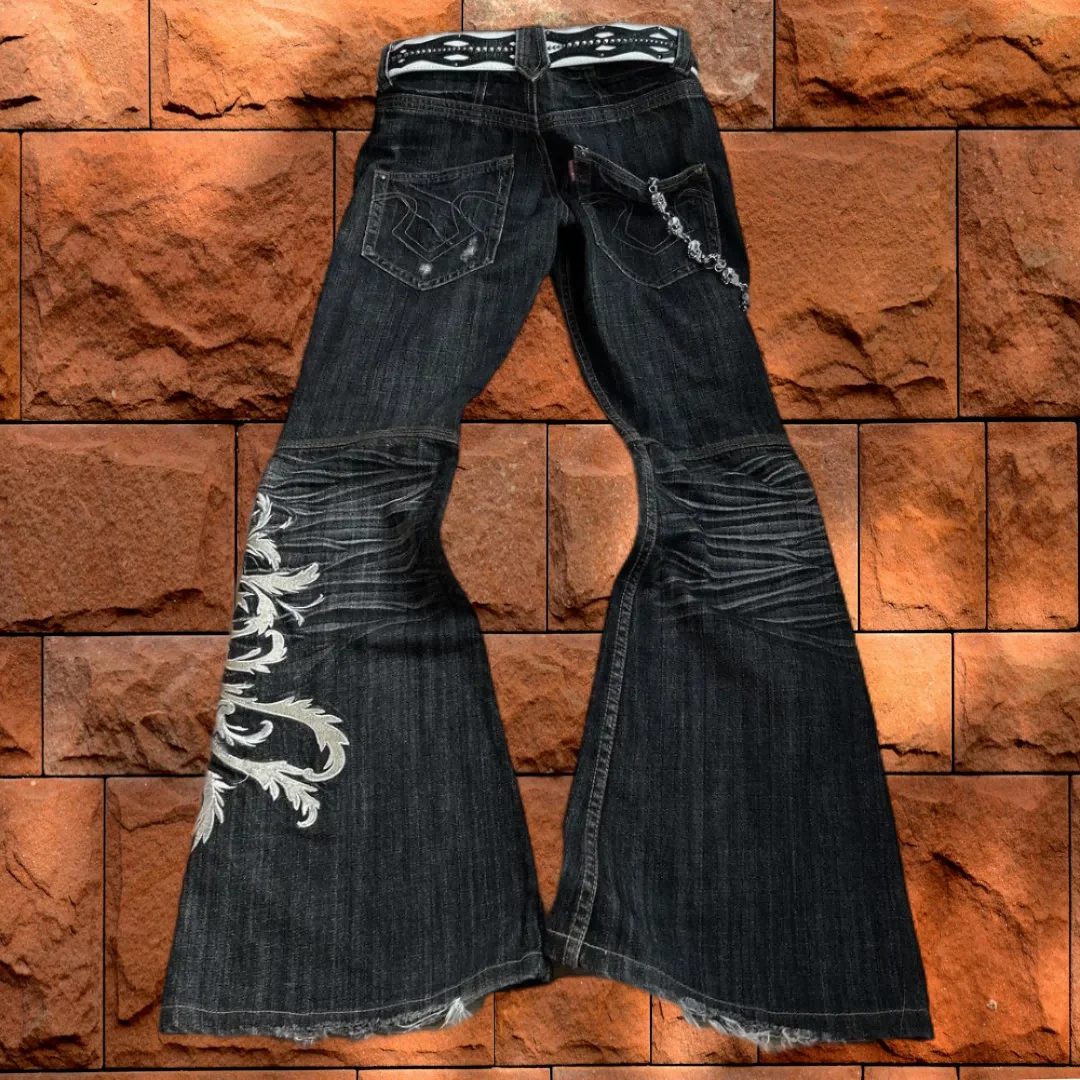 Pantalones vaqueros Retro desgastados para hombres y mujeres, Jeans bordados Micro acampanados, Jeans de cintura alta, ajuste Industrial Harajuku Y2K, nuevo, 2024