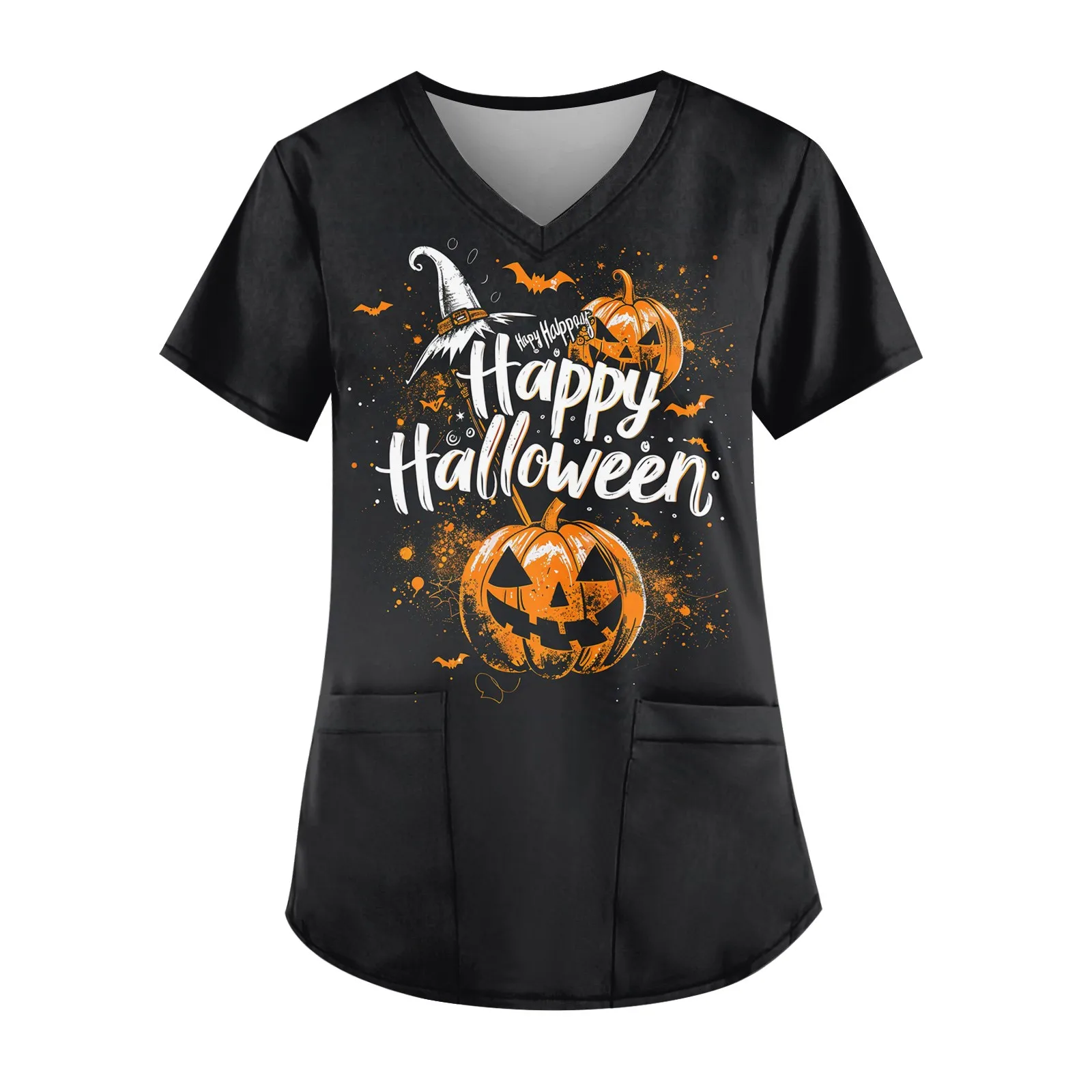 

Women's Halloween Theme Fashion Pleated V-neck Short Sleeve Prints T-shirt, Halloween Workwear With Pockets Printed Tops