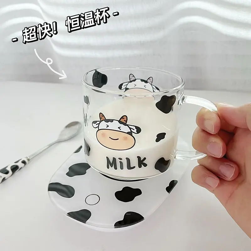 1 pc 400ml  13.5OZ High Borosilicate Beautiful Mugs Glass Cup with Cow Pattern with Spoon Cover Lid  for Student Dormitory drink