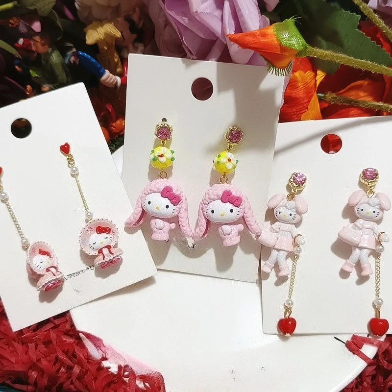 

Sweet Hello Kitty Anime Kawaii Sanrio Ins Fashion Silver Ear Pendant Decoration Cute KT Cat Cosplay Earrings Gifts for Girls