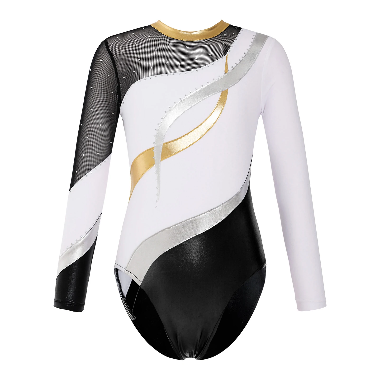 

Gymnastics Ice Skating Leotard Kids Girls Shiny Rhinestone Long Sleeve Bronzing Cloth Patchwork Ballet Dance Leotards Bodysuit