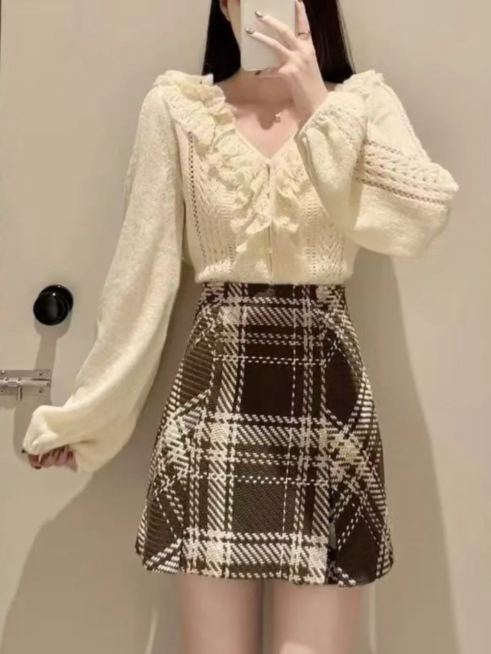 

Ruched A-line Short Slim Mujer Faldas New High Waist Classic Plaid Skirts Japan Sweet Soft Minority High Street Skirts