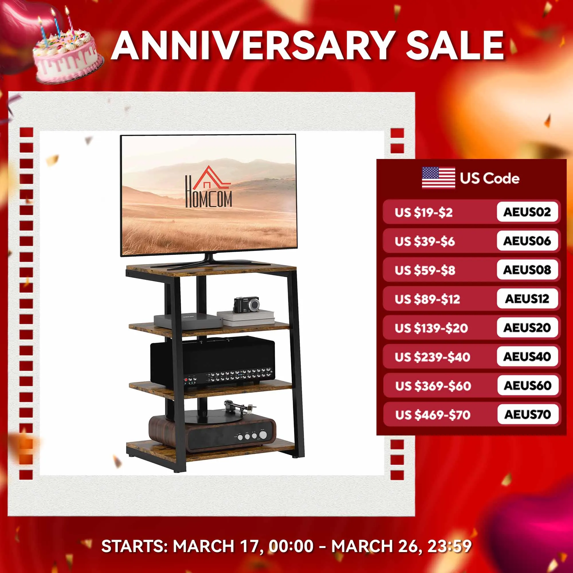 

Homcom Tv Stand for 28" Tvs with Shelves and Extension Lead Holder, Brown