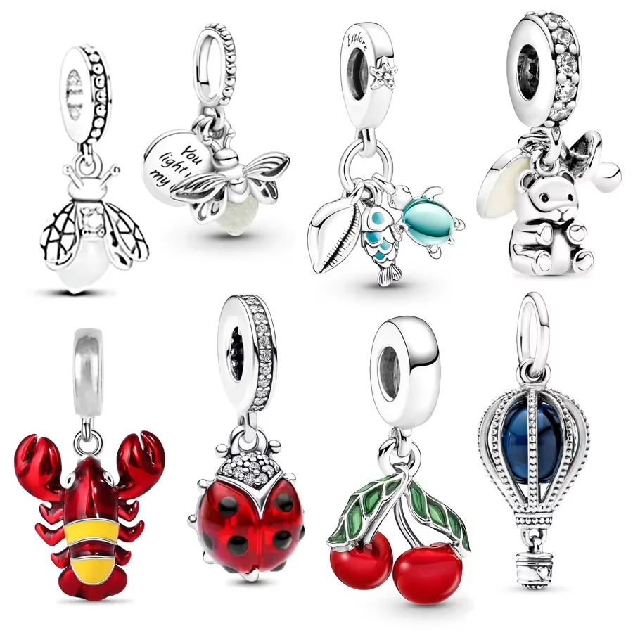 NEW Fit Original 925 Sterling Silver Bracelet Glow-In-The-Dark Firefly & Red Ladybird Dangle Charm Bead DIY Jewelry Gift