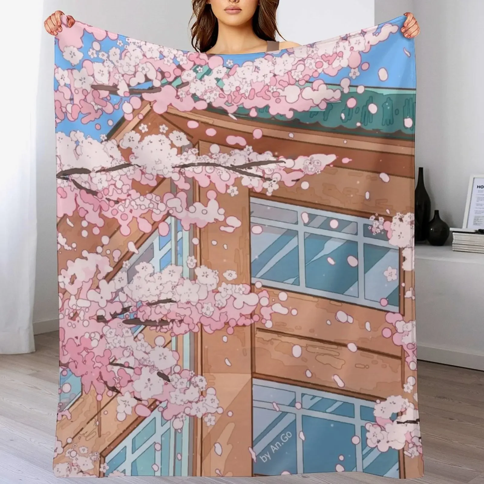 Japanese high school and cherry blossom blossom Throw Blanket Travel Size Cozy Blanket for Plane Train