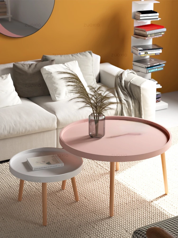 

zqNordic round Tea Table Combination Modern Simple Solid Wood Multi-Functional Creative Living Room Bay Window Small Apartment