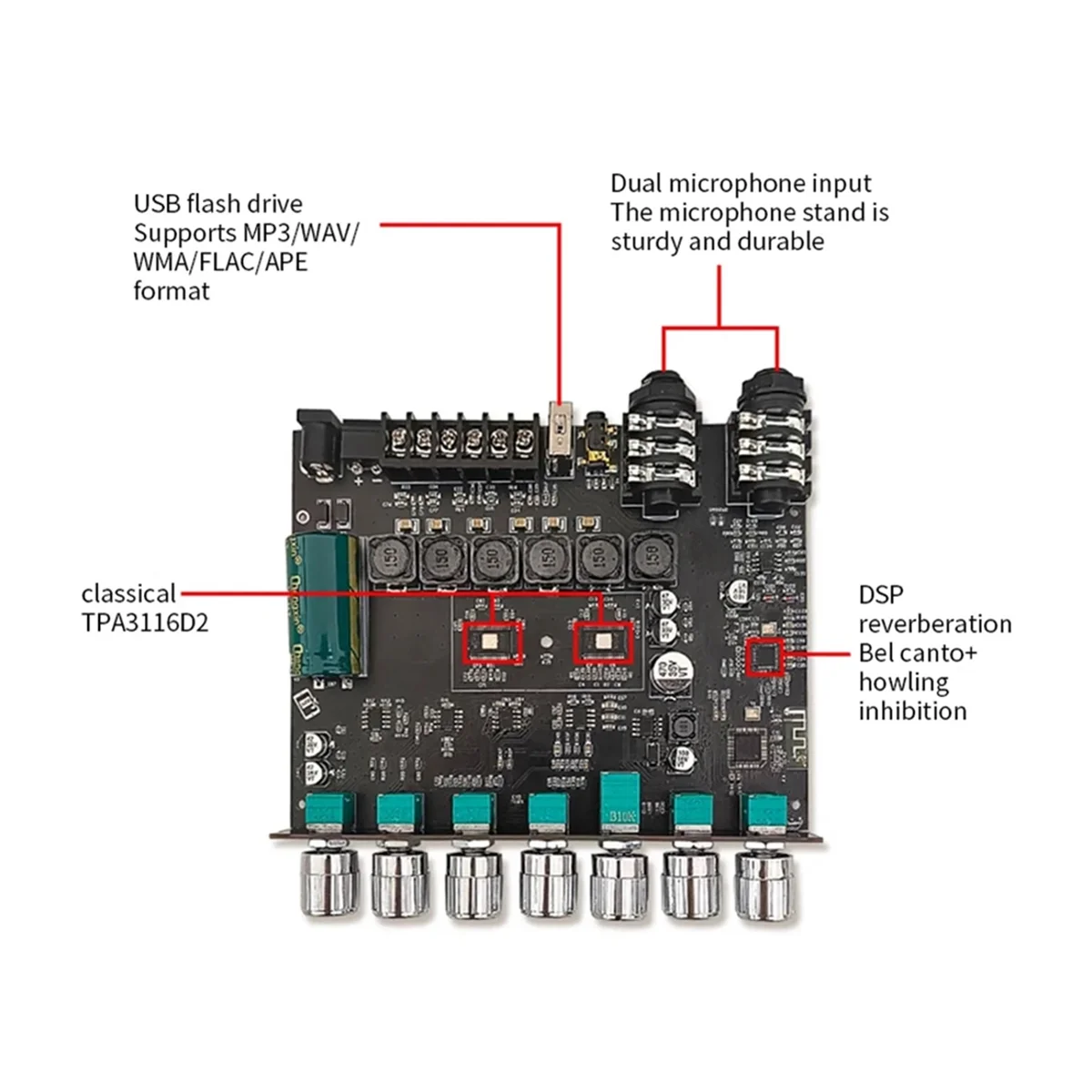 YS-AM100 KTV High Power Bluetooth Amplifier Board Microphone Sound All-In-One 2.1 Channel TPA3116D2 Amplifier Board