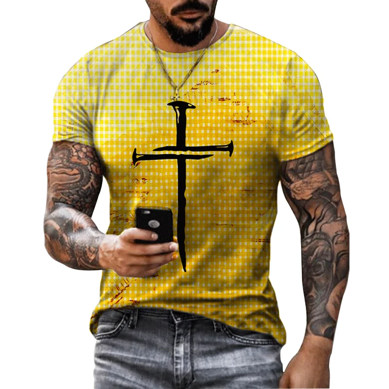 Summer Men\'s T-shirt Christ Jesus Men\'s T-shirt 3D Cross Print Short Sleeve Unisex Harajuku Cross Top Plus Size T-shirt Clothing