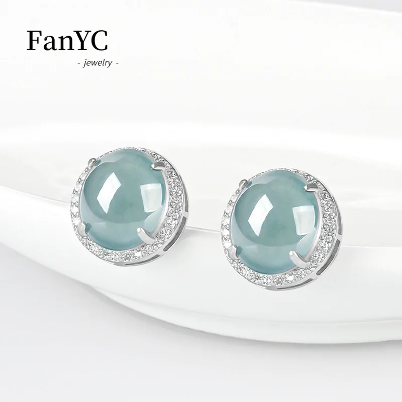 Myanmar A-goods Jadeite Blue Water Large Egg Surface Earrings S925Silver Inlaid Fashion High-grade Ice Jade Earrings Ladies Gift