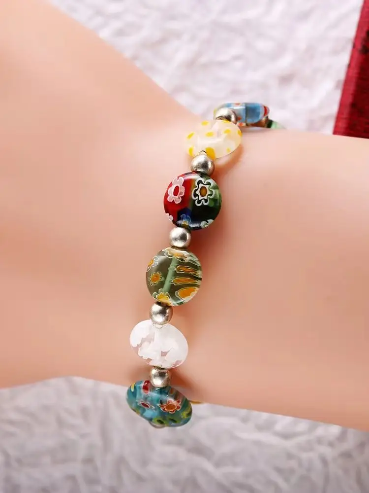 10mm Round Beads Glass Millefiori Flower Lampwork Beads Elastic Bracelet Women Trendy Beaded Strand Bracelets Gift for Women