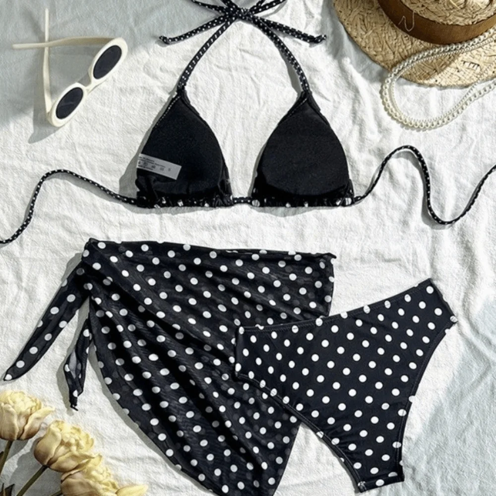 3pcs Beachwear Clothing Halter 3-Piece Swimwear Dot Print Deep V Women Swimsuit Slim Fit Lace Up Bikinis Set Summer Season