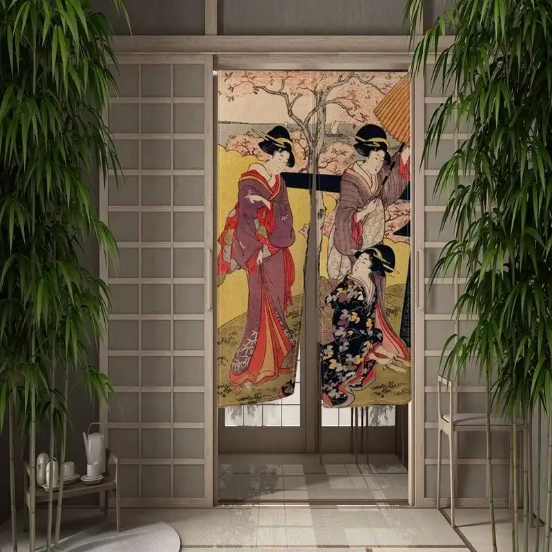 VIKAMA Japanese Noren Geisha Kimono Floral Beauty Print Rod Pocket Single Door Curtain Home Restaurant Partition Decor Drapes