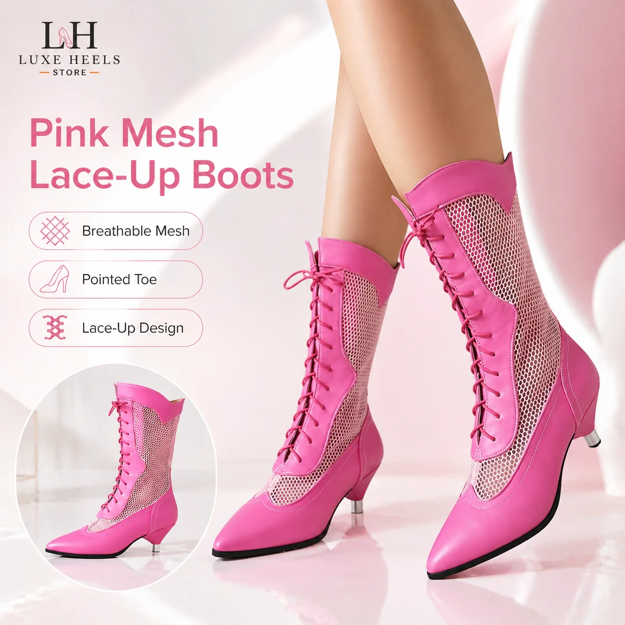 Women's Pink Mesh Western Boots Lace-Up Pointed Toe Kitten Heel Summer Hollow Out Mid Calf Shoes