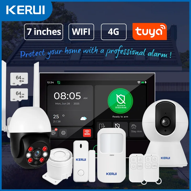 

KERUI 7-дюймовый сенсорный экран Домашняя сигнализация Wi-Fi + 4G Сигнализация Охранная система для дома с сиреной Tuya Smart App Датчик движения G70