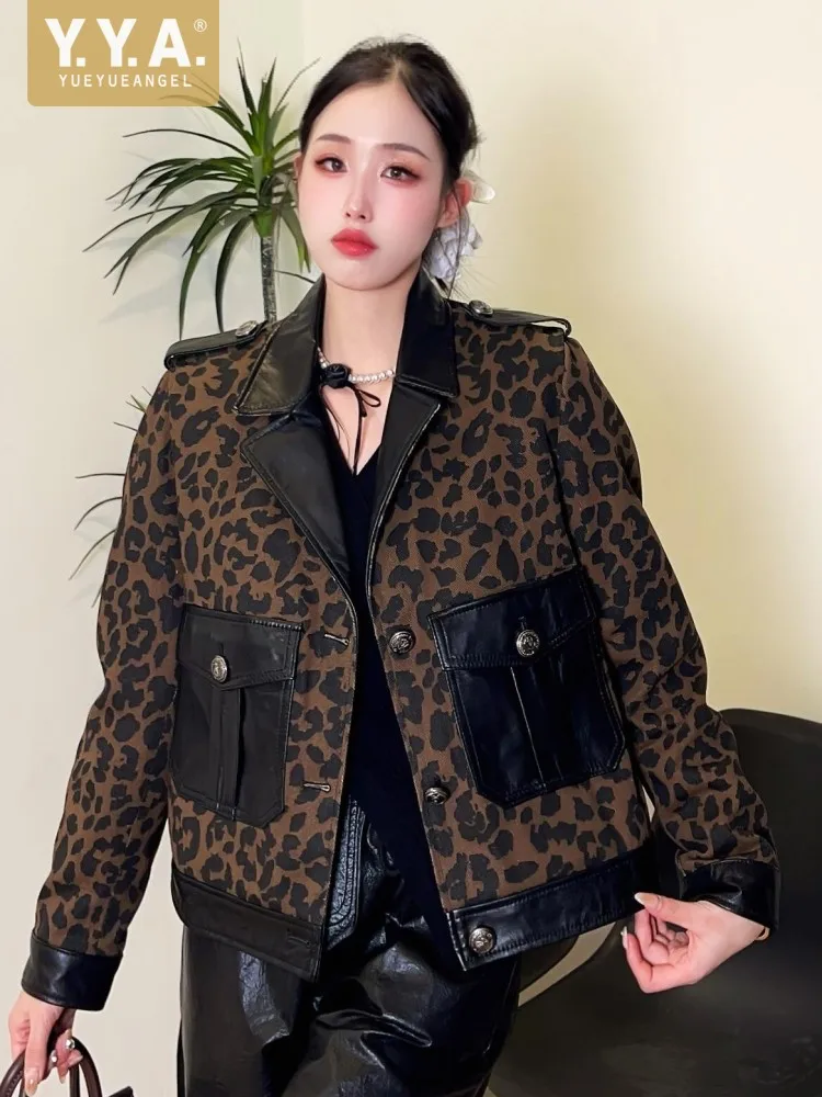 

Fashion Women New Style Real Sheepskin Patchwork Leopard Print Jacket Notched Collar Single Breasted Lady Short Motorcycle Coats