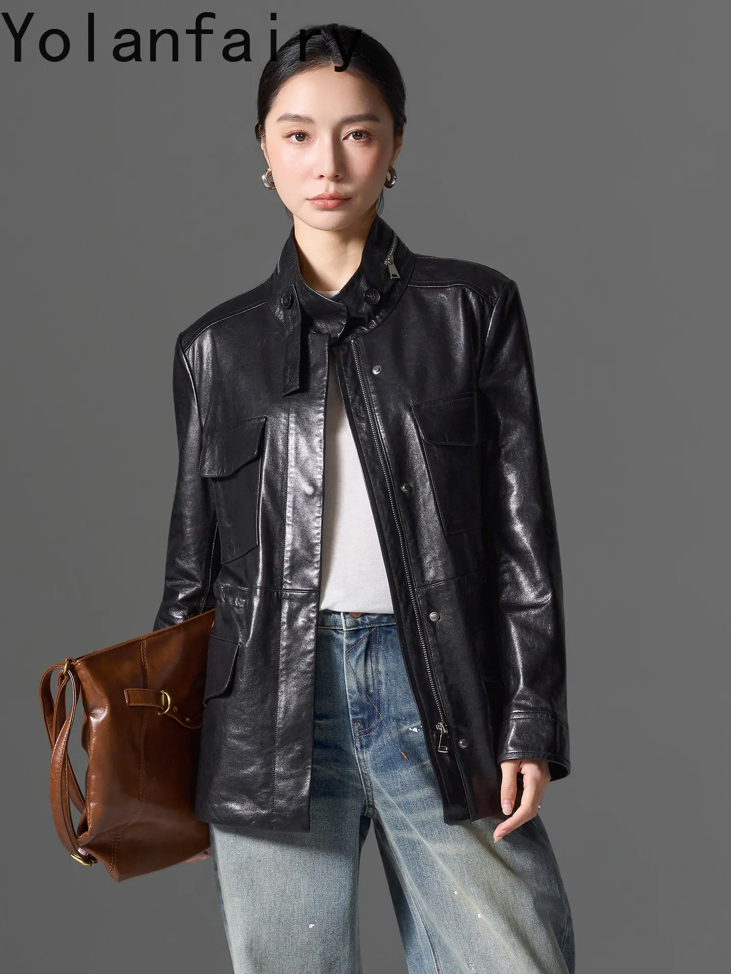 YOLANFAIRY Luxury Waxed Sheepskin Genuine Leather Jacket Women Stand Collar 100% Real Eather Coat Elegant Woman Trench Coats