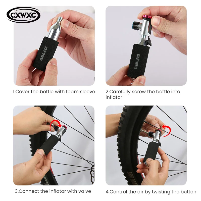 CXWXC Bicycle CO2 Pump Schrader Presta Portable Mini Tire Tube CO2 Cartridge Safety Automatic CO2 Air Inflator Bike Accessories