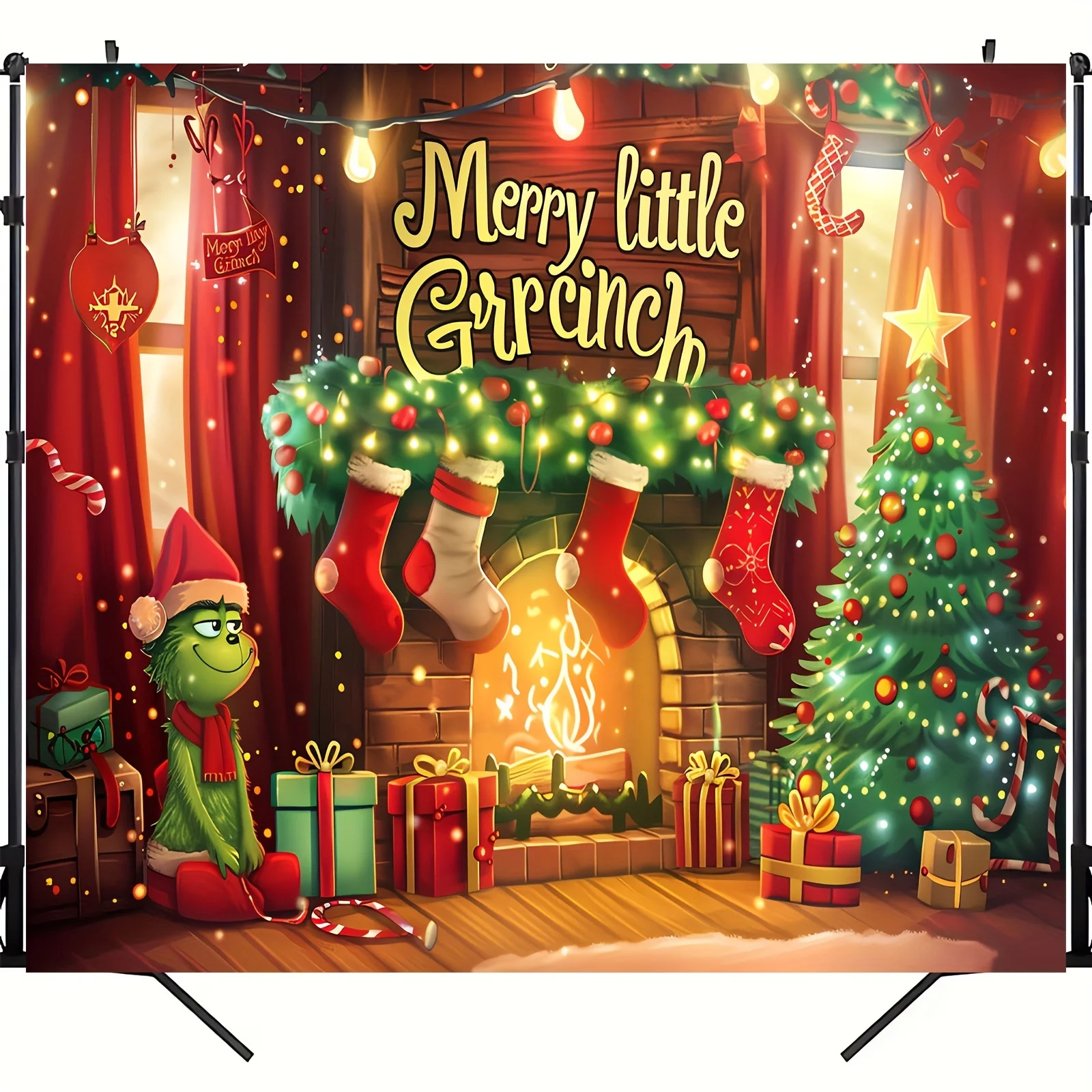 Christmas themed party background banner | Cartoon Christmas thief characters and decorative trees by holiday fireplace