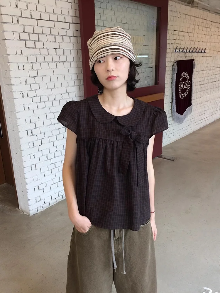 

Vintage Plaid Doll irt Women's Bubble Sve Top Knot Decoration Loose Fit ort Sve Regular Length irt