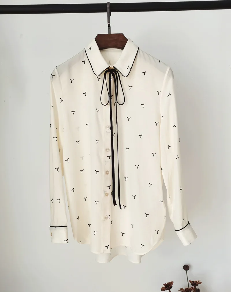 Birdtree 100%Real Silk Women Lace-up Shirt Bow Collar Vintage Print Long Sleeve Commute Blouse Office Lady 2024 Spring T41115QM