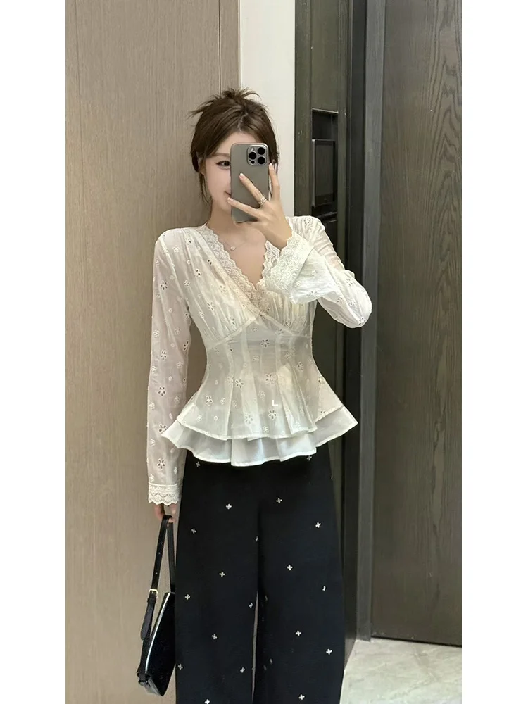 

Original Wang Diding Tea Break 2025 Autumn Long Sve Hollow out irt Women's Slim Fit French Sle Ry Rayon 90% Polyest...