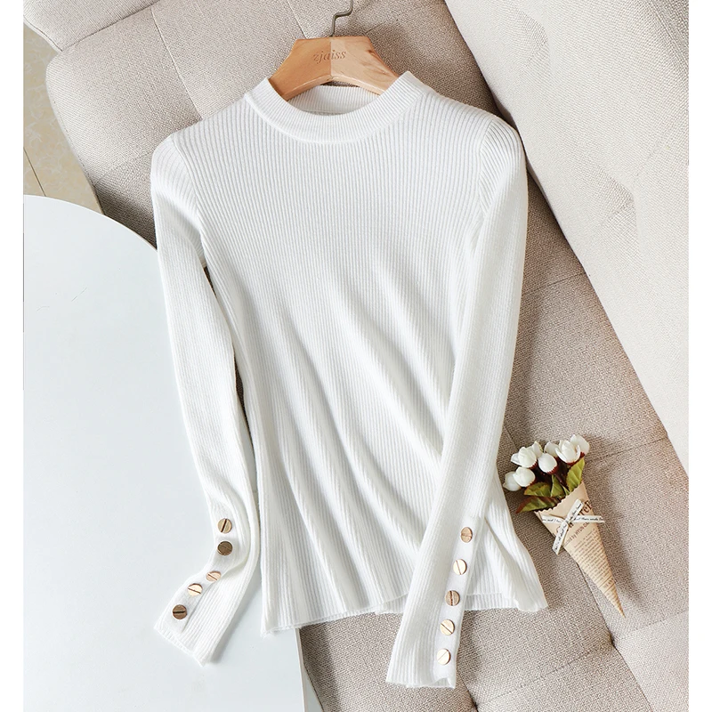 Casual Autumn Winter Women Thick Sweater Pullovers Button Long Sleeve O-neck chic Sweater Female Slim Knitted Soft Jumper Tops