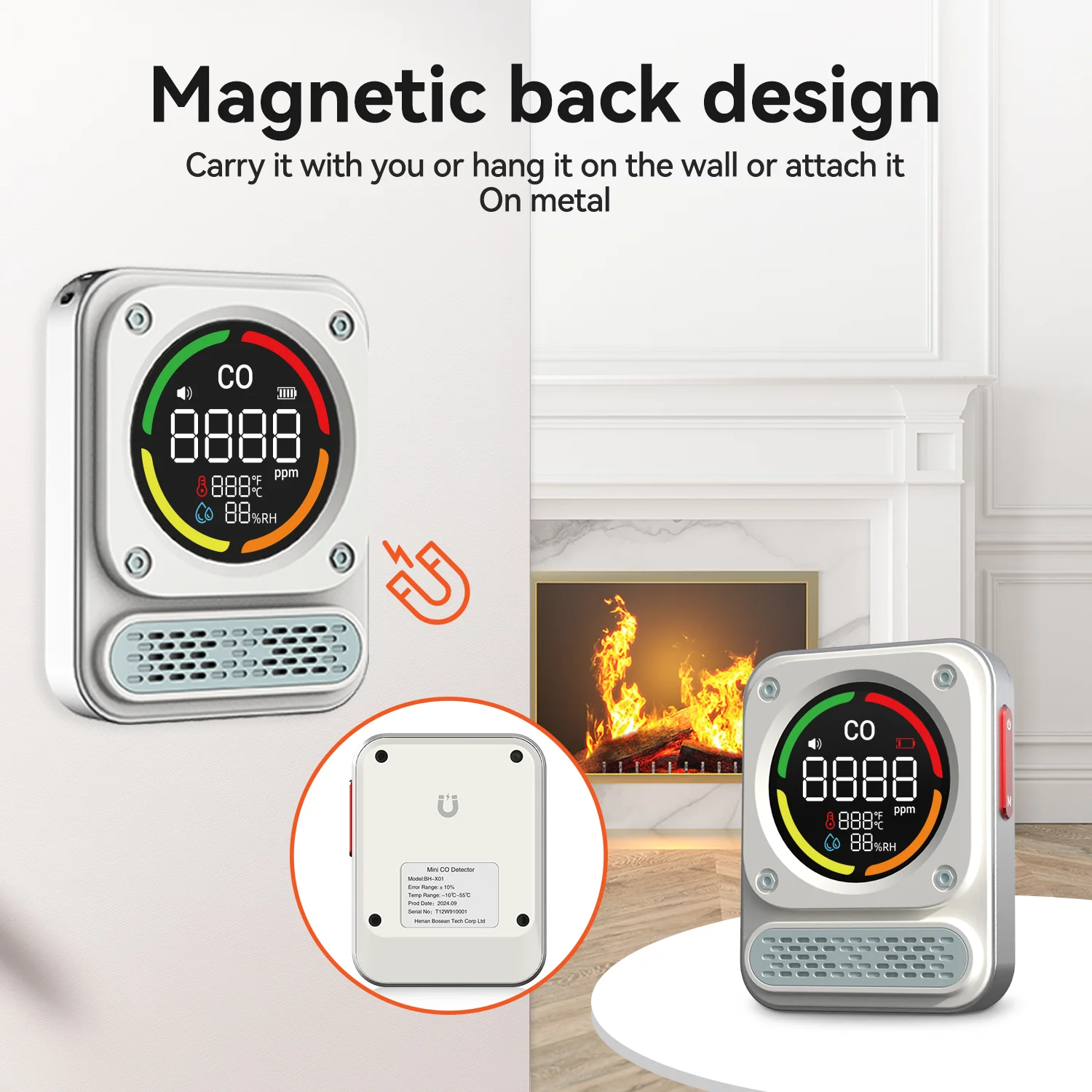 Tragbarer Kohlenmonoxidmelder, 3-in-1 wiederaufladbarer CO-Detektor mit akustischen und visuellen Warnungen für Reisen und Camping