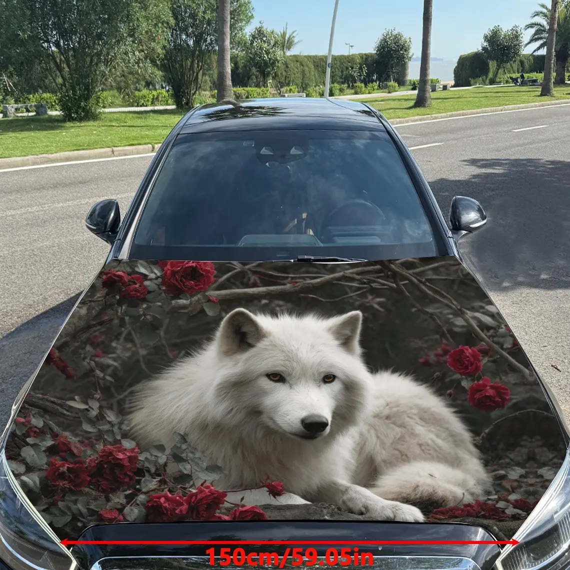 White Wolf and Red Roses Car Vinyl Wrap, PVC Material Waterproof Car Hood Sticker, Self-Adhesive Scratch-Resistant Stickers for