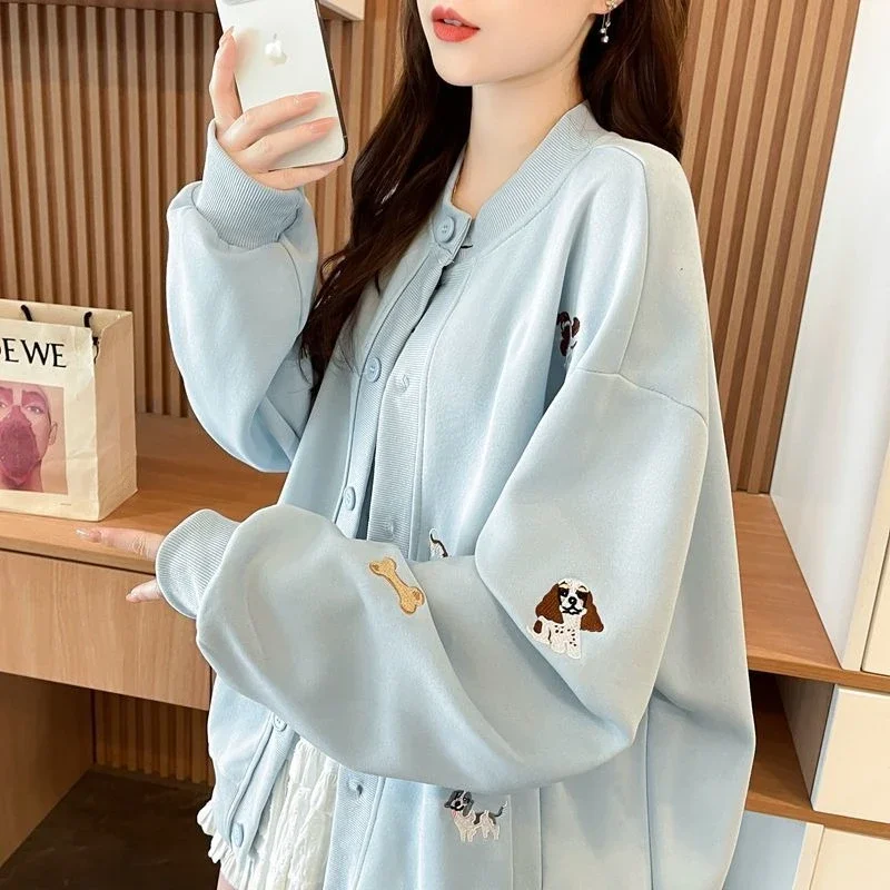 

Бейсбольная куртка с капюшоном для женщин, кардиган с вышивкой в американском мультяшном щенке, утягивающее весенне-осеннее пальто большого размера ​