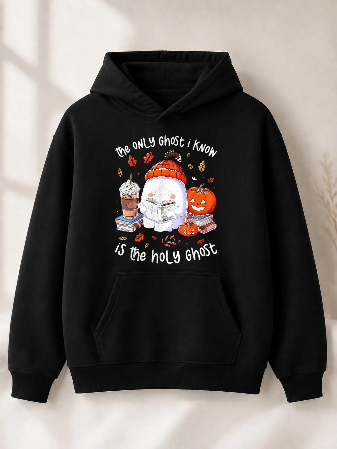 Cute Cartoon-Style Men's Hoodie with a Fun Autumn Theme Featuring Bible Reading, Pumpkins, and Coffee, Perfect as an Autumn Gift for Christian Friends and Family