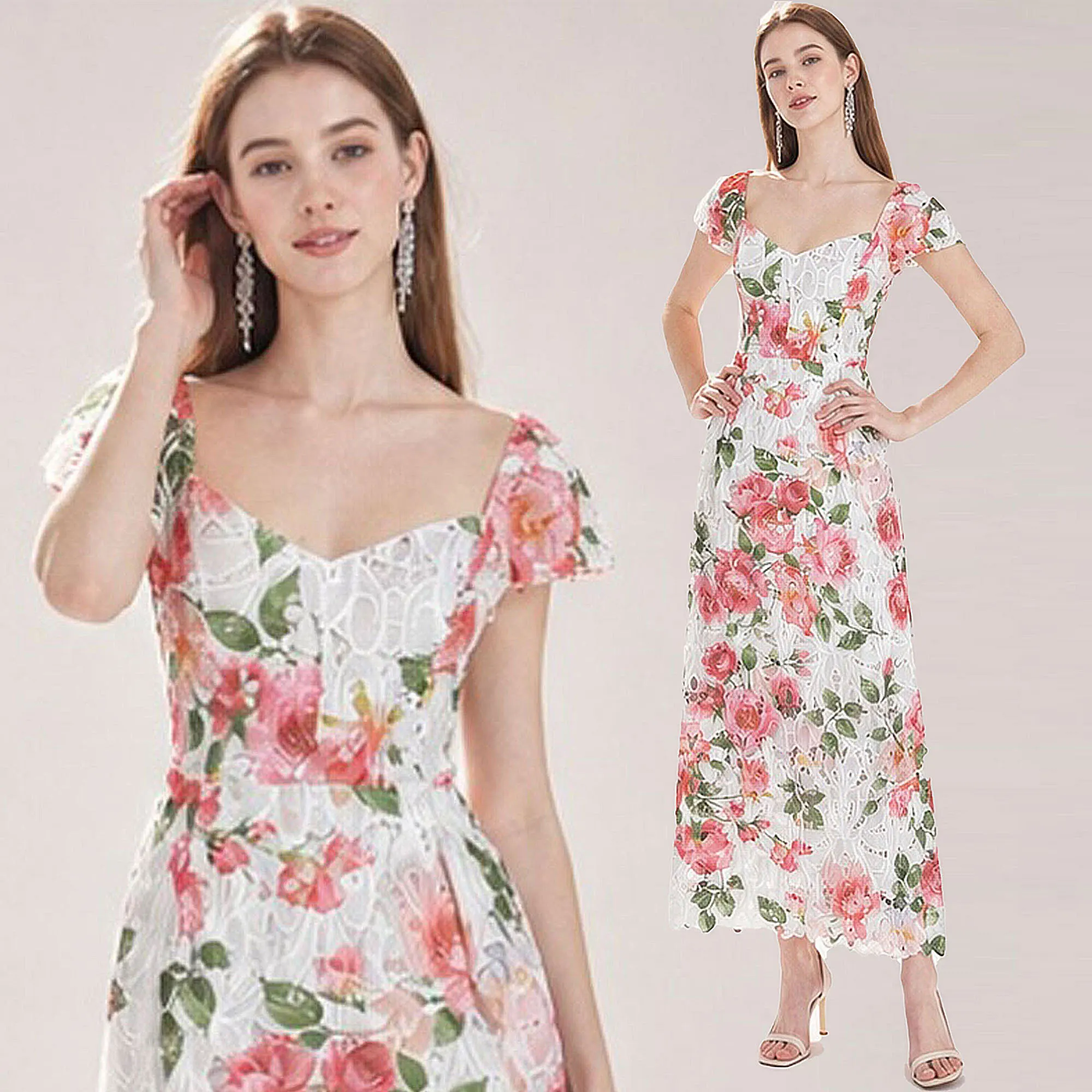 Elegant Embroidered Hollow out Square Neck Dress Soluble Lace Special Occasion Dress for Women High Waist Cotton Gown