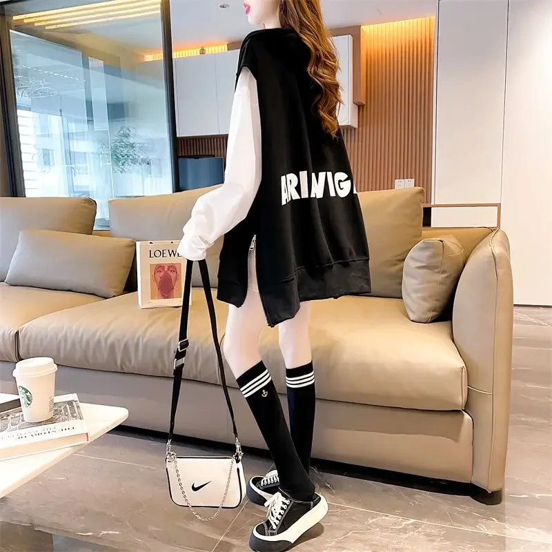 Women's Alphabet Print Sweatshirt Spring Autumn Hooded Sweater Vest Sleeveless Cardigan Jacket Korean Fashion Streetwear Leisure