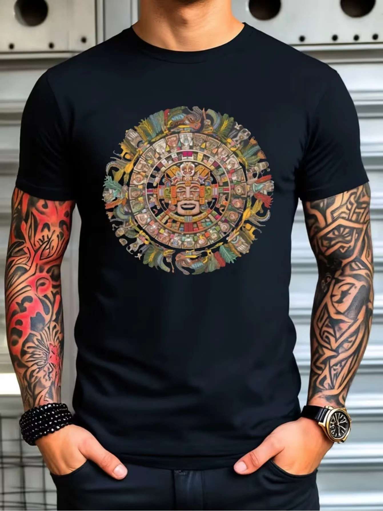 Men's Printed T-Shirt with Mayan Sun Calendar Design Archaeology Enthusiast Vintage Totem Artistic Style Breathable Casual Top