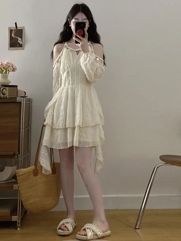 

Sweet oulder Bared Long Sve Maxi Dr Women's Korean Sle Slim Fit Cake Skirt Trendy Ages Defng Spring Summer Dr