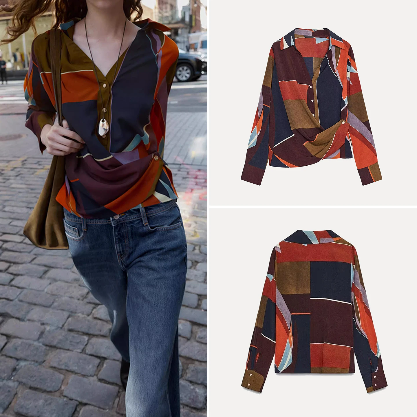 Faionable Casual Printed Double-Breasted Women's irt Autumn 2025 Z Straight Leg Long Sve