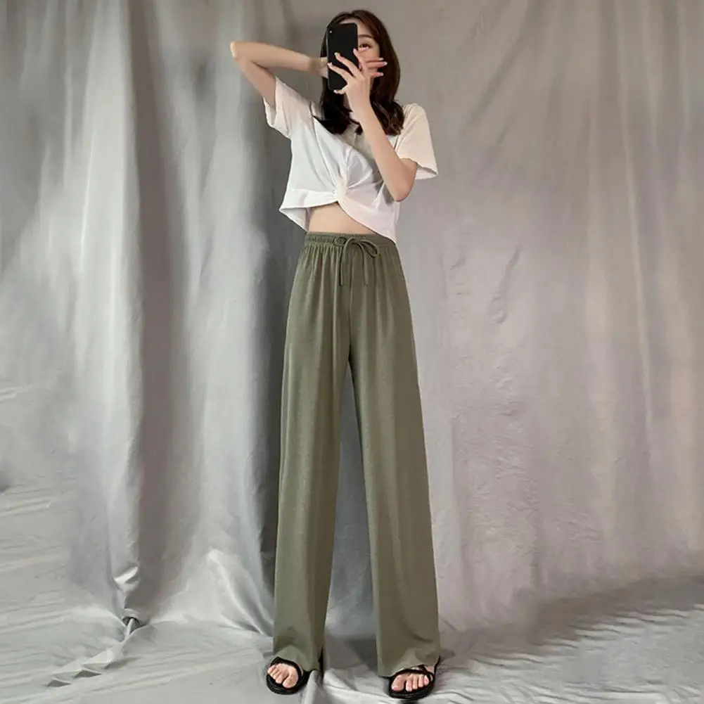 Sexy Wide Leg Pants Stylish Women's Ice Silk Wide Leg Pants with Adjustable Drawstring Waist Comfortable Solid Color for Daily