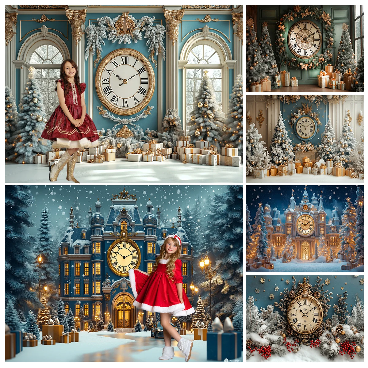 New Year Bell Big Clock Backdrops Kids Adult Photography Child Baby Photocall Winter Snowy Castle Christmas Trees Backgrounds